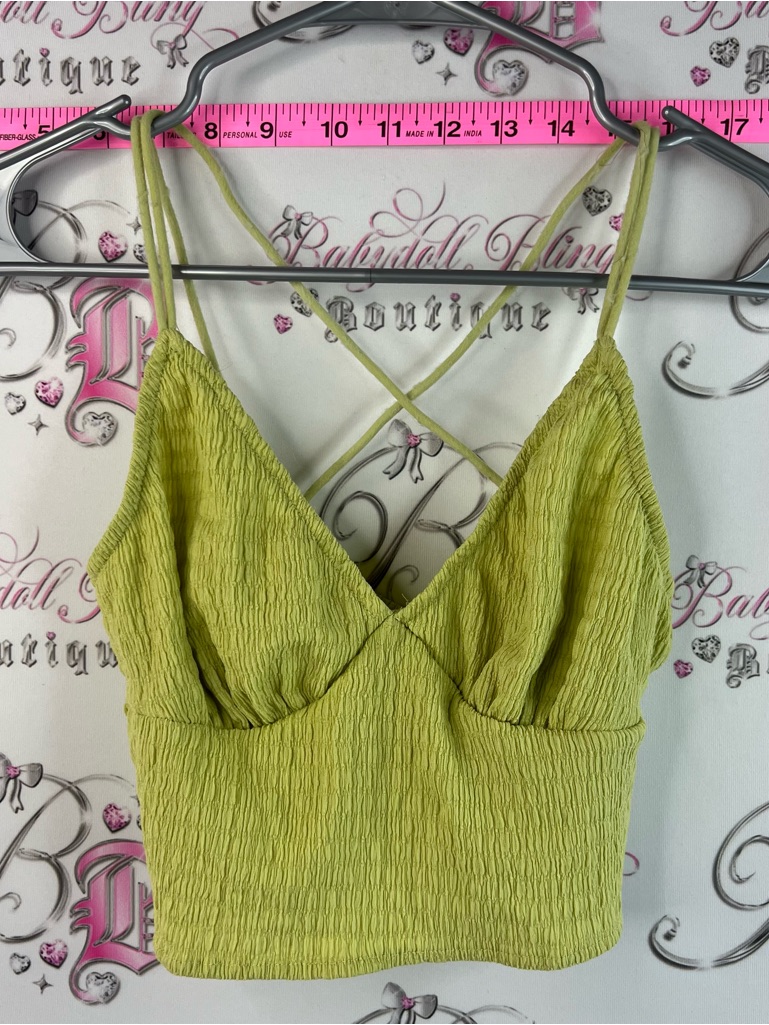 Shein Tank Top Cropped Bright Lime Green Smocked Crisscross Cami Crop Top